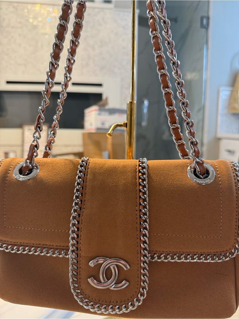 CC Suede Chain-Trim Shoulder Bag in Tan